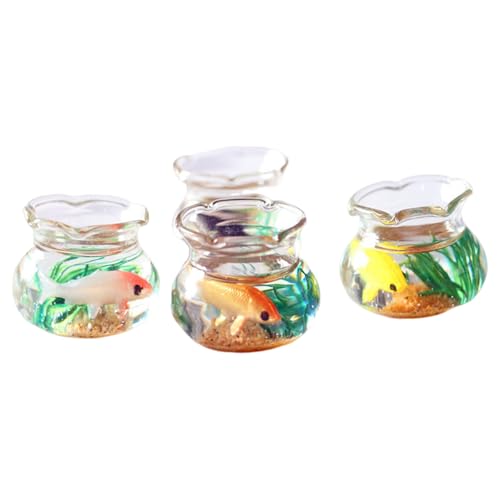 Mini Fish Bowl, 4PCS 1/12 Puppenhaus Fischschalen, runde kleine Glasfischschale mit Koi -Fisch, Sand- und Meeresgras, künstliche realistische Puppenhaus -Ornament für DIY -Szene, zufällige Farbe von Blogiiup