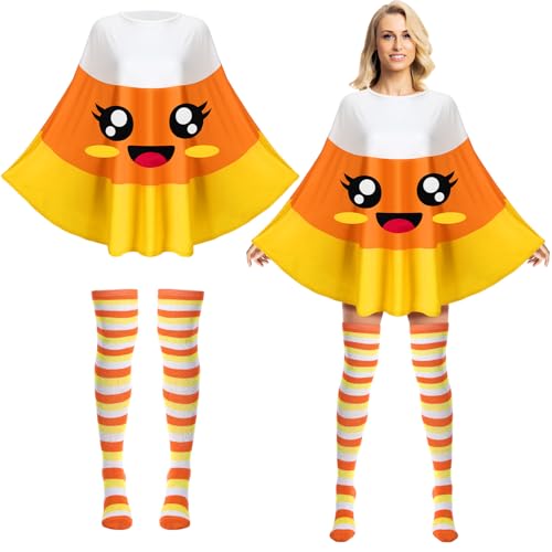 Blosssound Halloween Candy Corn Kostüme Frauen 2024 Cutie Candy Corn Kostüm Zubehör Poncho Streifen Oberschenkel Hohe Socken Erwachsene, Orange, Gelb, Weiß, standard for most women von Blosssound