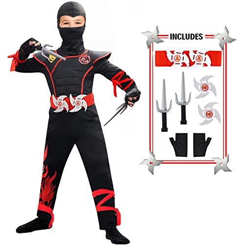 Blu Ninfee Halloween Ninja Kostüm Kinder, Halloween Kostüme Junge Einteilig, Karneval Kostüm Mädchen Halloweenkostüm Faschingskostüme mit Wurfstern Sai Rot Schwarz, L (10-12 Jahre, 140-150 cm) von Blu Ninfee