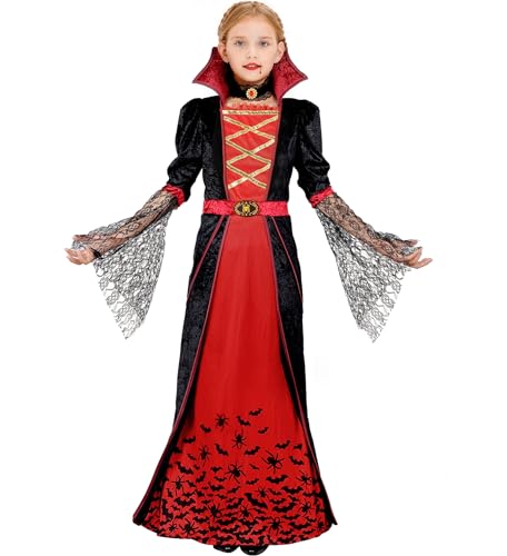 Blu Ninfee Halloween Vampir Kostüm Kinder Mädchen, Karneval Kostüm Gothic Vampirkostüm mit Halskette, Halloweenkostüm für Fasching Cosplay Mottoparty, L (10-12 Jahre) von Blu Ninfee