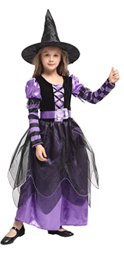 Blucielo Hexe Kostüm Kinder, Hexenkostüm,Halloween Karneval Fasching Bekleidung, 3-teiliges Halloween Kostüm Set für Mädchen(110-120CM) von Blucielo