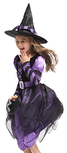 Blucielo Hexe Kostüm Kinder, Hexenkostüm,Halloween Karneval Fasching Bekleidung, 3-teiliges Halloween Kostüm für Mädchen(110-120CM) von Blucielo