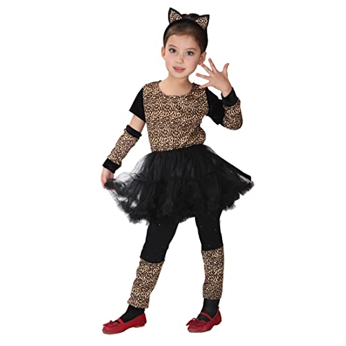 Blucielo Katze Kostüm Kinder,Halloween Karneval Fasching Bekleidung, 3-teiliges Halloween Kostüm Set für Mädchen(110-120CM) von Blucielo