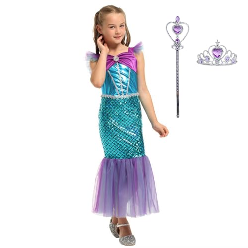 Blucielo Meerjungfrau Kostüm Kinder Halloween Kostüm Mädchen Kleid Kinder Meerjungfrau Karneval Cosplay Party(120-130CM) von Blucielo