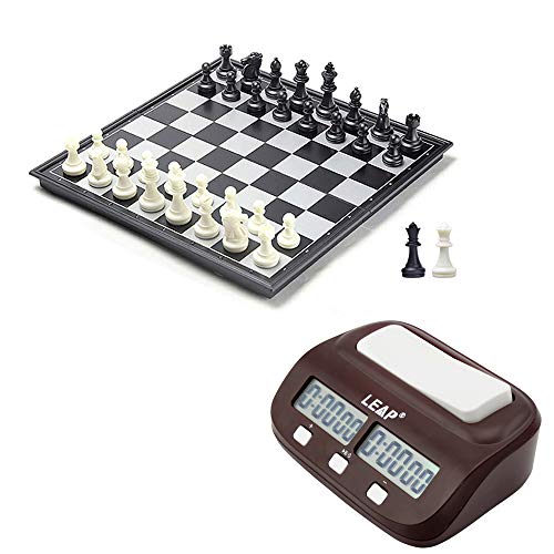 Kombi-Set – Digitaler Schach-Timer für Schachspiele und 25 x 25 cm, magnetisches, faltbares Schachbrett mit schwarzen und weißen Schachfiguren + 2 zusätzlichen Königinnen von Blue Elite