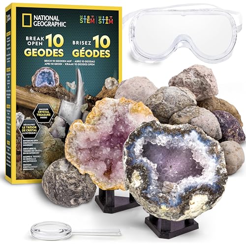 Blue Marble NATIONAL Geographic 10 Premium-Geoden zum Aufbrechen – Inkl. Schutzbrille & Ständer – Mint-Experimentierset, Geologie-Geschenk für Kinder von Blue Marble