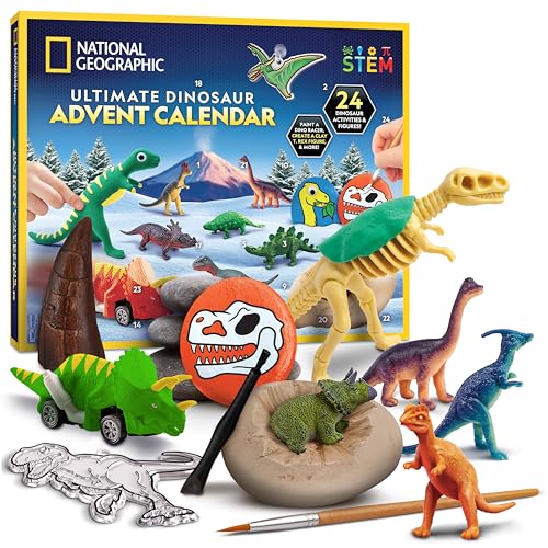 NATIONAL GEOGRAPHIC Dinosaurier Adventskalender 2024 – Weihnachts-Countdown-Kalender mit 24 Dino-Aktivitäten & Figuren, Malen Sie einen Dinosaurier-Rennfahrer, erstellen Sie einen Ton-T. Rex, graben von Blue Marble