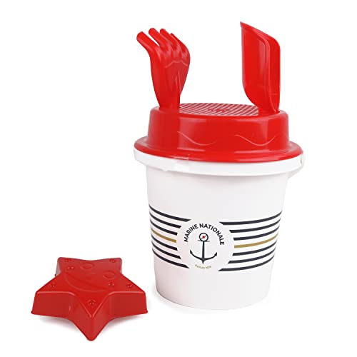 BLUE SKY - Eimer mit Marine Nationale Zubehör - Strandspiel - 045560 - Weiß und Rot - 5 Teile - Kunststoff - Kinderspielzeug - Outdoor-Spiel - Sand - 17 cm - Ab 10 Monaten von BLUE SKY