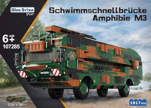 BlueBrixx 107285 – Schwimmschnellbrücke Amphibie M3, Bundeswehr aus Klemmbausteinen mit 1917 Bauelementen. Kompatibel mit Anderen Klemmbausteinherstellern. Lieferung in Originalverpackung. von BlueBrixx