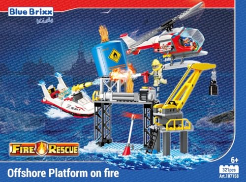 BlueBrixx Kids 107158 – Stadtfeuerwehr: Offshore-Plattform in Brand aus Klemmbausteinen mit 321 Bauelementen von BlueBrixx