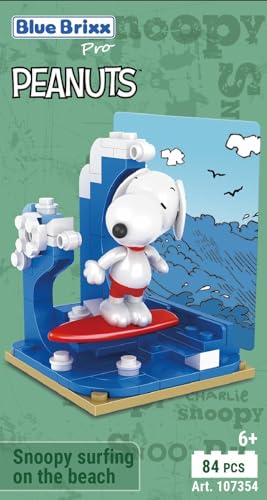 BlueBrixx Pro 107354 – Snoopy Surft am Strand aus Klemmbausteinen mit 84 Bauelementen von BlueBrixx