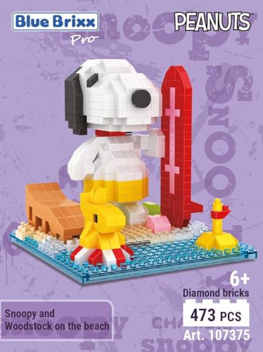 BlueBrixx Pro 107375 – Snoopy und Woodstock am Strand (Diamond Blocks) aus Klemmbausteinen mit 473 Bauelementen von BlueBrixx