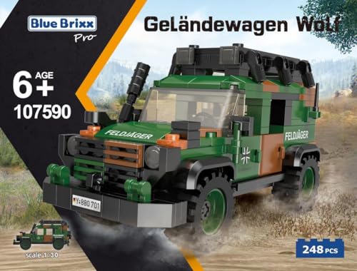 BlueBrixx Pro 107590 – Geländewagen Wolf, Bundeswehr aus Klemmbausteinen mit 248 Bauelementen. Kompatibel mit Anderen Klemmbausteinherstellern. Lieferung in Originalverpackung. von BlueBrixx