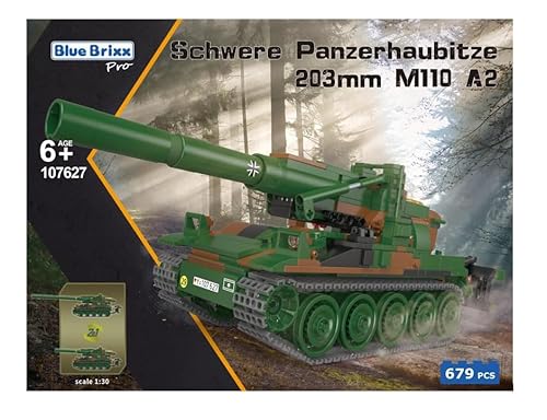 BlueBrixx Pro 107627 – Schwere Panzerhaubitze 203mm M110 A2, Bundeswehr aus Klemmbausteinen mit 679 Bauelementen. Kompatibel mit Anderen Klemmbausteinherstellern. Lieferung in Originalverpackung. von BlueBrixx