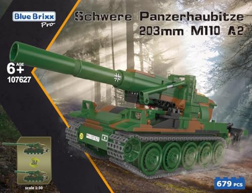 BlueBrixx Pro 107627 – Schwere Panzerhaubitze 203mm M110 A2, Bundeswehr aus Klemmbausteinen mit 679 Bauelementen. Kompatibel mit Anderen Klemmbausteinherstellern. Lieferung in Originalverpackung. von BlueBrixx