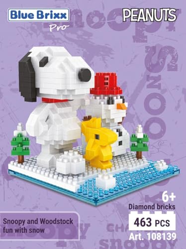 BlueBrixx Pro 108139 – Snoopy und Woodstock Spaß mit Schnee (Diamond Blocks) aus Klemmbausteinen mit 463 Bauelementen von BlueBrixx