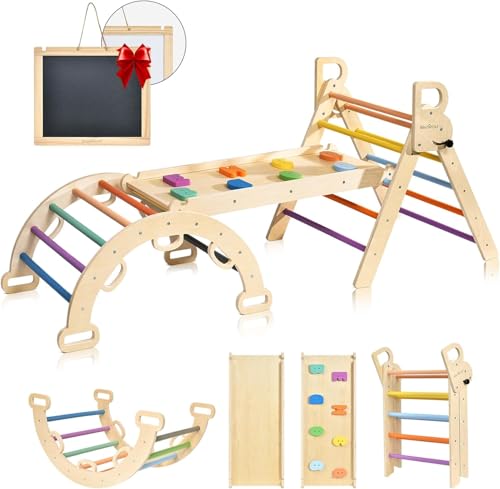 BlueWood 3-in-1 Montessori Indoor Spielset mit Bogen, Rampe und Kletterdreieck, Holz-Dreieckset für Baby-Innenspielplatz für Kinder, Spielplatz-Klettertoys für Kleinkinder – Regenbogen von BlueWood