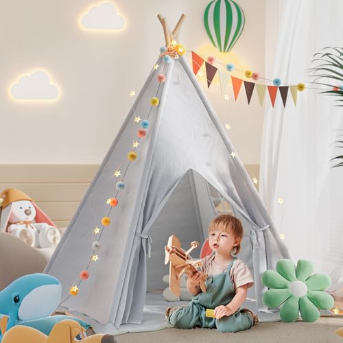 BlueWood Tipi Zelt für Kinder, Kinderzelt Spielzelt mit Gepolsterter Decke, Lichterkette, Tragetasche, Segeltuch Kinderzelt, Teepee Spielzelt - Grau BlueWood Tipi Zelt für Kinder, Kinderzelt Spielzelt mit Gepolsterter Decke, Lichterkette, Tragetasche, Segeltuch Kinderzelt, Teepee Spielzelt - Grau von BlueWood