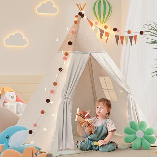 BlueWood Tipi Zelt für Kinder, Spielzelt mit Gepolsterter Decke, Lichterkette, Tragetasche, Segeltuch Kinderzelt, Kindertipi im Montessori-Stil für Kinder - Braun BlueWood Tipi Zelt für Kinder, Spielzelt mit Gepolsterter Decke, Lichterkette, Tragetasche, Segeltuch Kinderzelt, Kindertipi im Montessori-Stil für Kinder - Braun von BlueWood