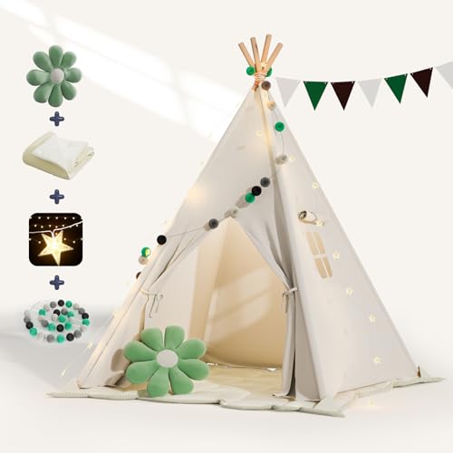 BlueWood Tipi Zelt für Kinder, Spielzelt mit Gepolsterter Decke, Lichterkette, Tragetasche, Segeltuch Kinderzelt - weiß von BlueWood