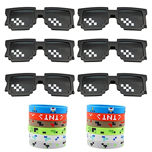 BlueXP 12 Bergbau Thema Stil Party Zubehör Pixel Thema Mosaik Brille und 12 Pixel Thema Armband 6 Stile Kinderrollenspiele für Jungen und Mädchen Karneval Fasching Party Cosplay Kostüm Halloween von BlueXP