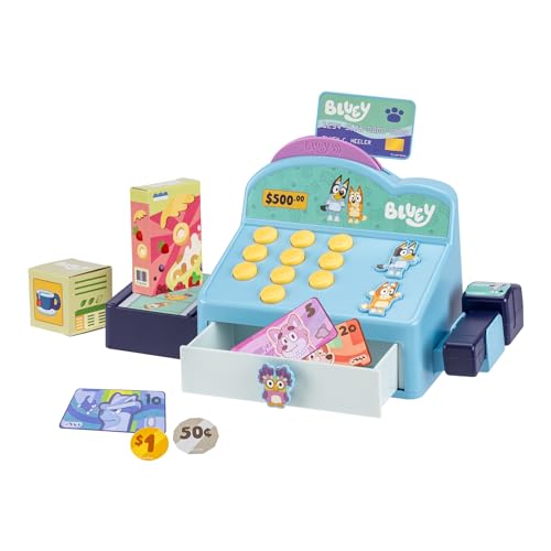 Bluey – Kasse. Drücke auf die Knöpfe, um Pieptöne, Geräusche und Sätze von Bluey und Bingo abzuspielen, Scanne Pakete mit dem Scanner und Spiele Geschäft, Mit Spielzeug-Kreditkarte und Spielgeld! von BlueY