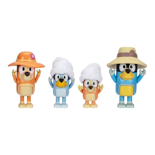 BlueY 4er-Figurenpackung Urlaub mit der Familie; bewegliche Figuren (6,3 cm), Bingo, Bandit und Chilli; mit Zubehörteilen; Nachspielen der besten Momente aus der Animationsserie von BlueY