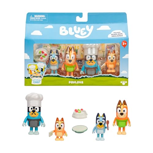 BlueY Es ist Zeit für Pavlova mit Dieser 4er-Figurenpackung Café-Wettkampf, enthält, Bingo, Bandit mit Chefkochmütze, Chilli und 2 Zubehörteile, Vier 6–7,6 cm große Figuren mit beweglichen Gelenken BlueY Es ist Zeit für Pavlova mit Dieser 4er-Figurenpackung Café-Wettkampf, enthält, Bingo, Bandit mit Chefkochmütze, Chilli und 2 Zubehörteile, Vier 6–7,6 cm große Figuren mit beweglichen Gelenken von BlueY