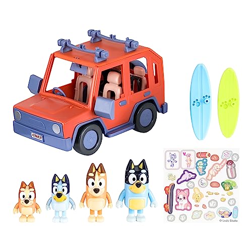 BlueY Heeler-Familienwagen mit Allradantrieb und 4er-Figurenpackung, 6–8 cm große Figuren, 2 Surfbretter und Sticker als Zubehör, Amazon exklusiv von BlueY