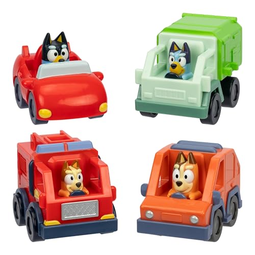 BlueY Mini-Rennwägen, 4 der beliebtesten Fahrzeuge im Kleinformat. Spiele Müllwagen, Bingo im Feuerwehrauto, Bandit im Cabrio und Chilli im Heeler-Familienwagen. Sammle sie alle! von BlueY