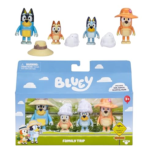 BlueY 4er-Figurenpackung Urlaub mit der Familie; bewegliche Figuren (6,3 cm), Bingo, Bandit und Chilli; mit Zubehörteilen; Nachspielen der besten Momente aus der Animationsserie von BlueY