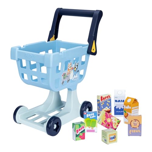 BlueY-Einkaufswagen mit frei beweglichen Rädern und verdrehbarem Griff. Ideale Größe für Kleinkinder, 49 cm groß, mit 8 farbenfrohen Produkten aus Pappe von BlueY