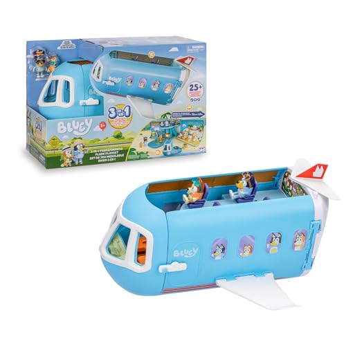 Bluey - 3-in-1-Flugzeug, Pilot und Bingo gehen in den Urlaub und das Flugzeug verwandelt Sich in Hotel, Boot und Strand, 10 Zubehörteile, Spielzeug mit Sounds, ab 3 Jahren, Berühmt (BLY75000) von BlueY