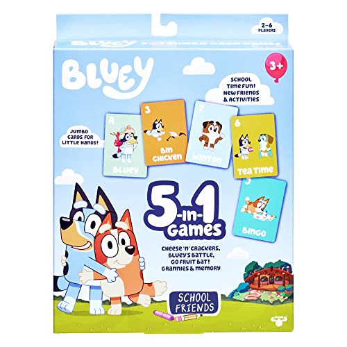 Bluey 5-in-1-Kartenspiel-Set, 5 Lieblingskartenspiele in Einer Packung mit Offiziellen Charakteren Schulfreunden von BlueY