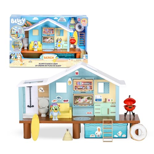 Bluey - Beach Cabin Playset, Strandhaus des blauen Welpen, Figur-Spielzeug, mit Zubehör, Schwimmbad, Brille, Schwimmring, Grill, blaues Häuschen, Berühmte (BLY66000) von BlueY