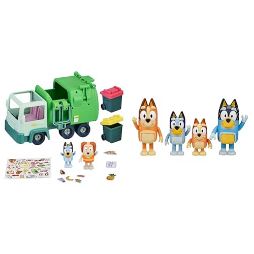 Bluey Blueys Müllwagen-Spielset mit beweglichen Figuren (6,3 cm) and Family: Bingo, Bandit and Chilli 4 Figure Pack Articulated Character Action Figures 2.5 inches Official Collectable Toy von BlueY