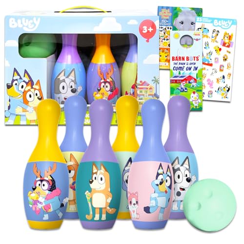 Bluey Bowling-Set für Kinder – Spielset-Bundle mit Bluey Bowling-Spielzeug Spiele Aktivitäten mit Aufklebern, mehr | Bluey Outdoor-Spiele für Jungen, Mädchen von BlueY