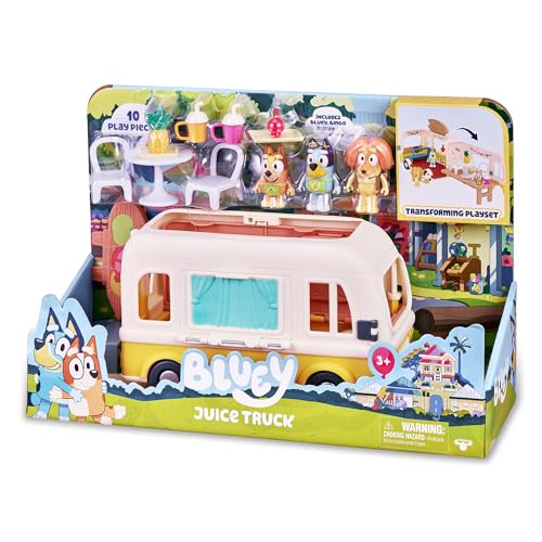 Bluey Juice Truck Playset, Spielzeug des Saftwagens, 3 bewegliche Figuren der Serie, Lebensmittelzubehör und dekorative Aufkleber, für Jungen und Mädchen ab 3 Jahren, berühmt (BLY48000) von BlueY