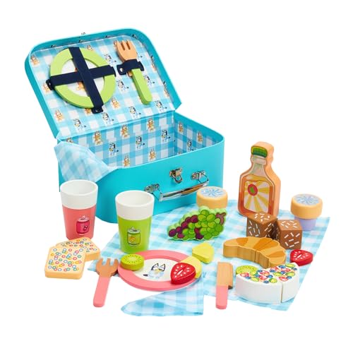 Bluey Picknickkorb-Set - 30-teiliges Rollenspiel-Spielzeug aus Holz mit Tragetasche, Besteck & Lebensmittelzubehör für Kinder - FSC-zertifiziertes Material - lustiges fantasievolles Set ab 3 Jahren von BlueY