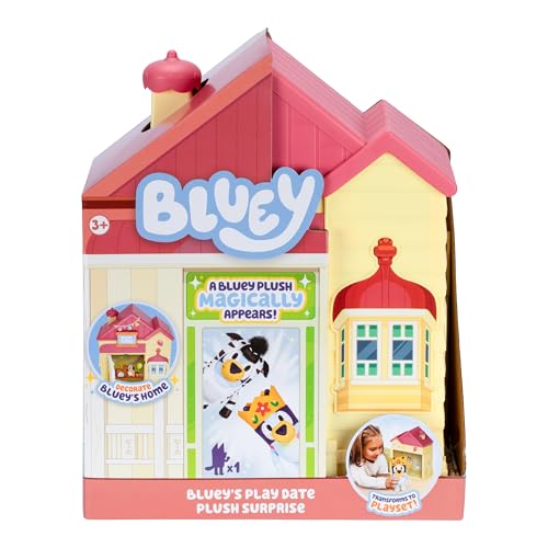 Bluey Play Date Plüsch Überraschung, Haus mit Aufklebern dekorieren, das Spielzeitschild anbringen, dann die Tür öffnen, damit ein Überraschungsplüsch erscheint, Plüschstil kann variieren von BlueY