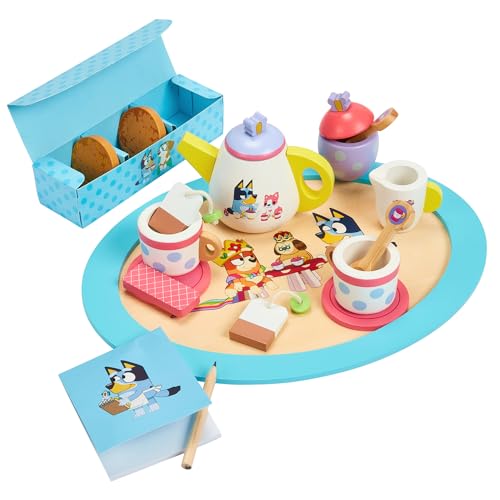 Bluey Teeparty-Set - 18-teiliges Spielset aus Holz mit Tablett, Teekanne, Teebecher, Kekse und Notizblock für Kinder ab 3 Jahren - fantasievoller Spaß und Rollenspiel, FSC-Zertifiziert von BlueY