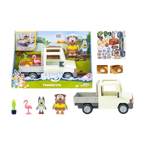 Bluey Tradies Truck, LKW, inkl. Fahrerfigur, lustiges Zubehör wie Obstbox, Flamingo, Pflanze und Aufkleber, Berühmte (BLY82000) von BlueY