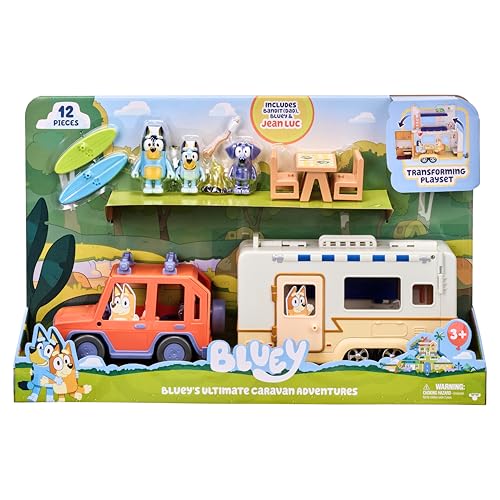 Bluey Ultimate Caravan Adventures Caravan-Set und DREI Figuren von 6,3 cm bis 7,6 cm und 4WD Familienfahrzeug mit 2 Surfbrettern Bluey Ultimate Caravan Adventures Caravan-Set und DREI Figuren von 6,3 cm bis 7,6 cm und 4WD Familienfahrzeug mit 2 Surfbrettern von BlueY
