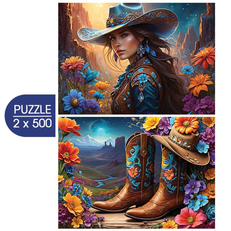 Bluebird Puzzle 2 Puzzles - Cowgirl and Boots - Far West Collection 500 Teile Puzzle Bluebird-Puzzle-F-90920 von Bluebird Puzzle