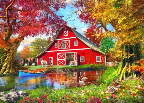 Bluebird Puzzle - Sonniger Herbst bei der Scheune - Puzzle 1500 Teile - Traditionelle, idyllische Bauernhofszene mit Fluss und Tieren - Erwachsenenpuzzle von Bluebird