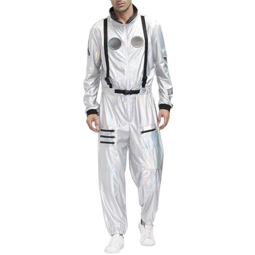 Astronaut Jumpsuit Damen Herren Space suit Overall Weltraum Karneval Astronauten Silver Verkleidung Metallic Faschings Bodysuit von Bluelucon