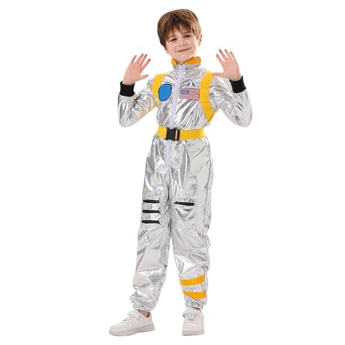 Bluelucon Astronaut Girl Boy Silber mit Zubehör Astronauten Jumpsuit mit Brillen Weltall Raumfahrer Anzug Spaceman Overall Outfits Raumkleidung Flugzeichen 3 bis 12 Jahre von Bluelucon