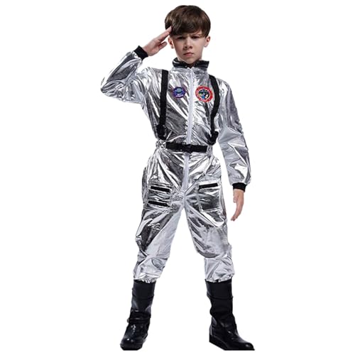 Bluelucon Astronaut Partnerlook Overall Boy Girl 3 bis 12 Jahre Weltall Alien Jumpsuit Faschings Bodysuit Space Raumkleidung Silber Weiss Space Flugzeichen Silber Party Karneval von Bluelucon