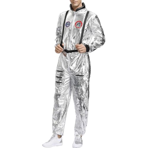 Bluelucon Herren Astronaut Jumpsuit Weltall Raumfahrer Anzug Spaceman Overall Outfit Silber Astronaut Party Bodysuit Raumleute Raumanzug Party Space Silber Karneval von Bluelucon