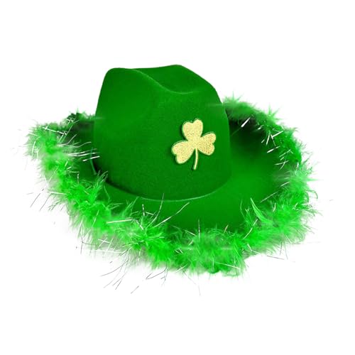 Bluelucon St. Patricks Day Hut Damen Herren Cowboy aus Samt Grün Hut Accessoire Karneval Mottoparty Hat Glitter Cowboy Hat Weitkicke Cowgirl Hut Western Party Hüte Kuhmädchen zubehör von Bluelucon